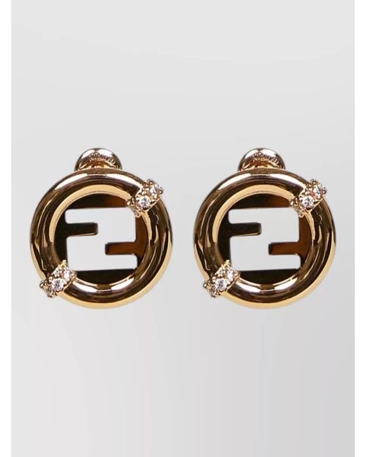 Fendi Metallic Round Logo Crystal Detail Earrings Pair