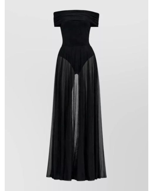 Norma Kamali Black Off Shoulder Floor Length Dress Sheer Overlay