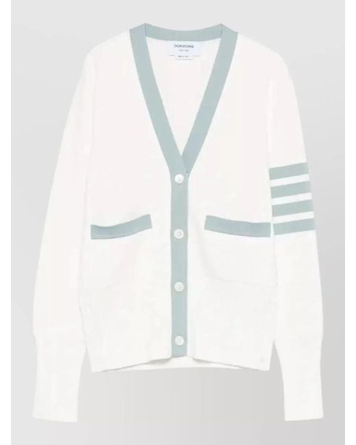 Thom Browne White Cotton Ribbed V-Neck Cardigan