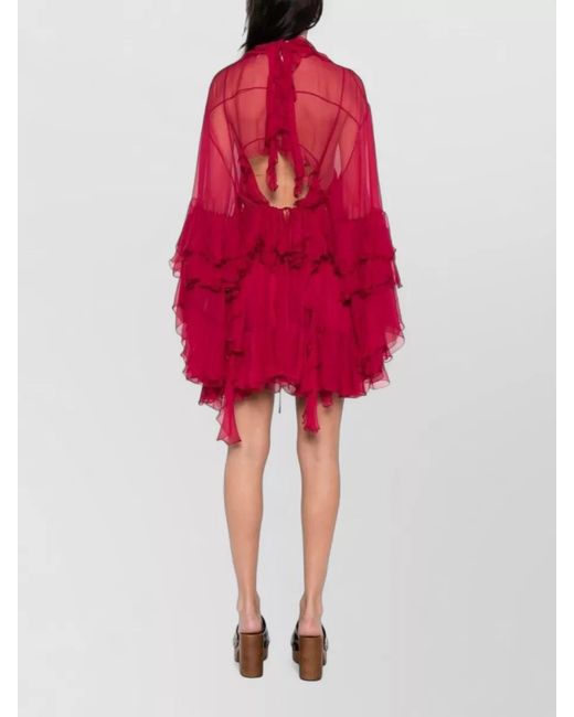 Chloé Red Silk Ruffled Long Sleeve Mini Dress