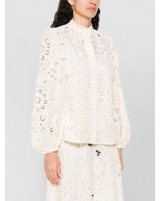 Zimmermann Natural Rhiannon Blouse High Neck Lace Trim