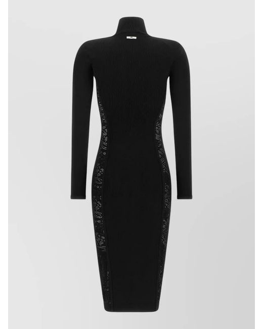 Elisabetta Franchi Black Knit Bodycon Dress Lace High Neck