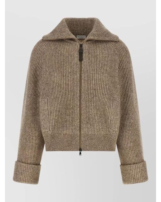 Brunello Cucinelli Natural Cashmere Vicuña Cardigan High Collar Zip