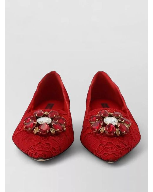 Dolce & Gabbana Red Leather Lace Crystal Embellished Ballerina Flats