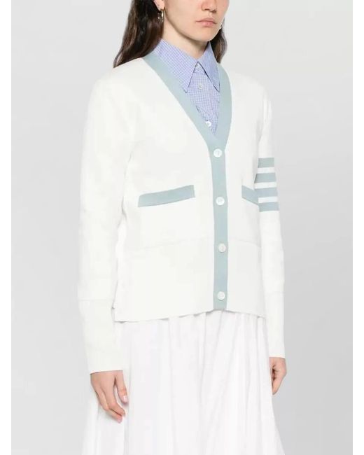 Thom Browne White Cotton Ribbed V-Neck Cardigan