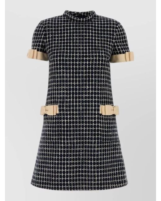 Valentino Garavani Black Tweed Mini Dress Checked Round Neck Bow