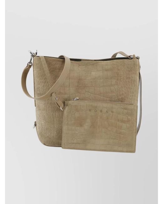 Hogan Natural Crocodile Print Suede Leather Crossbody Bag