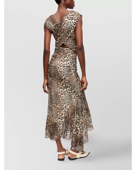Ganni Natural Leopard-Print Sleeveless V-Neck Asymmetric Midi Dress