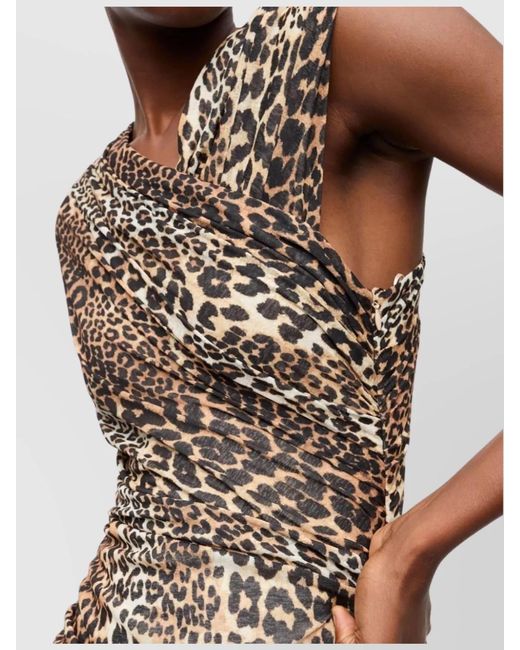 Ganni Natural Leopard-Print Sleeveless V-Neck Asymmetric Midi Dress