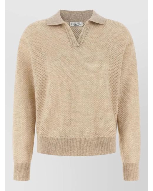 Brunello Cucinelli Natural Waffle-Knit Long-Sleeve Polo Top