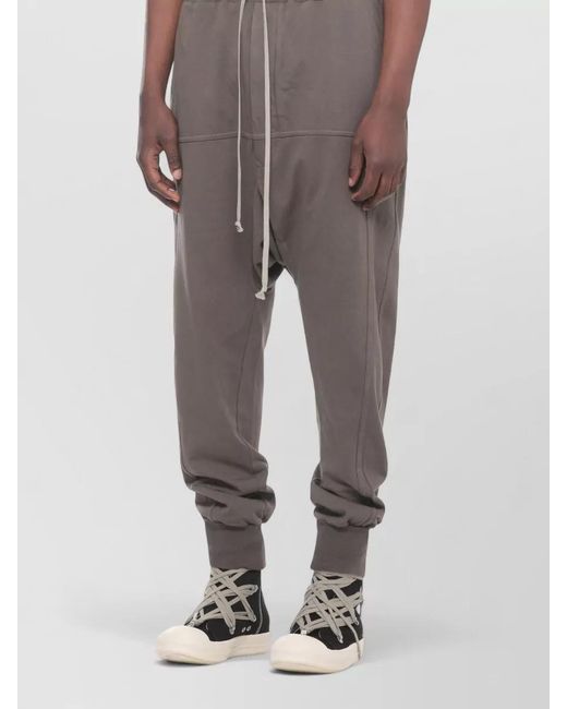 Rick Owens Gray Cotton Pants Drop Crotch Ribbed Cuffs Pockets for men