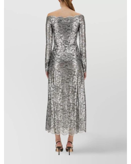 Rabanne Gray Floral Lace Off-The-Shoulder Long-Sleeve Midi Dress