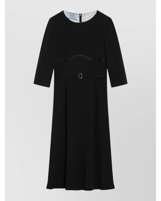 Prada Black Midi Dress Belted Waist Three Quarter Sleeves