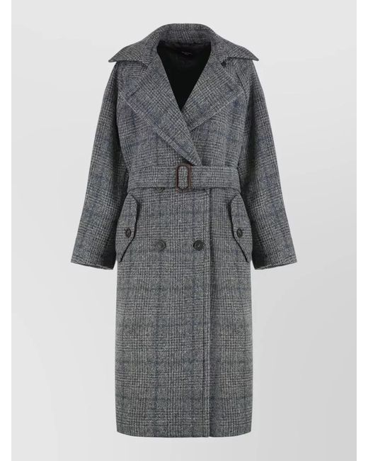 Weekend by Maxmara Gray Wool Prince Of Wales Double-Breasted Belted Long Coat