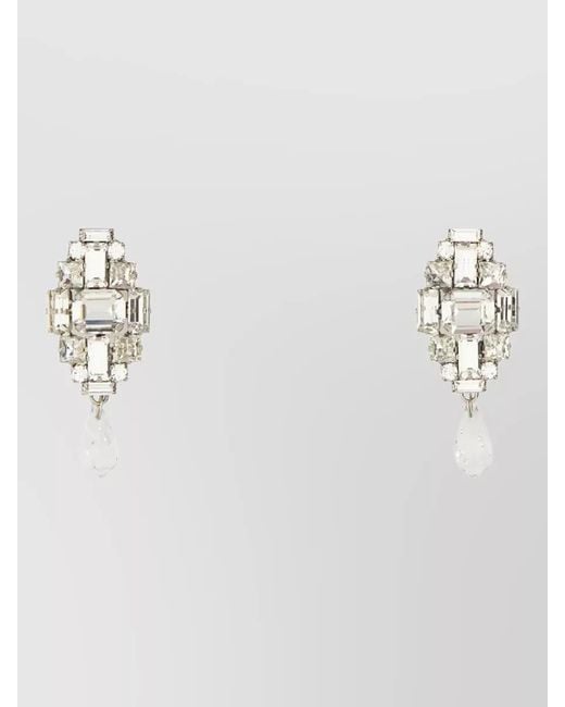 Alessandra Rich White Metal Drop Earrings Geometric Design Crystals