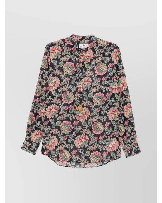 Vivienne Westwood White Floral Print Mock Neck Long Sleeve Shirt for men