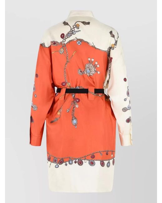 Versace Red Silk Mini Dress Belted Collar Long Sleeves