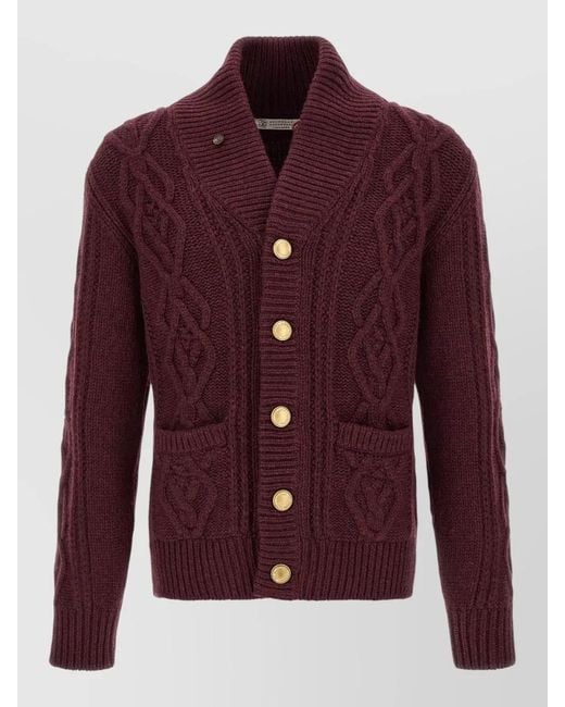 Brunello Cucinelli Red Cashmere Cable-Knit Shawl-Collar Cardigan for men