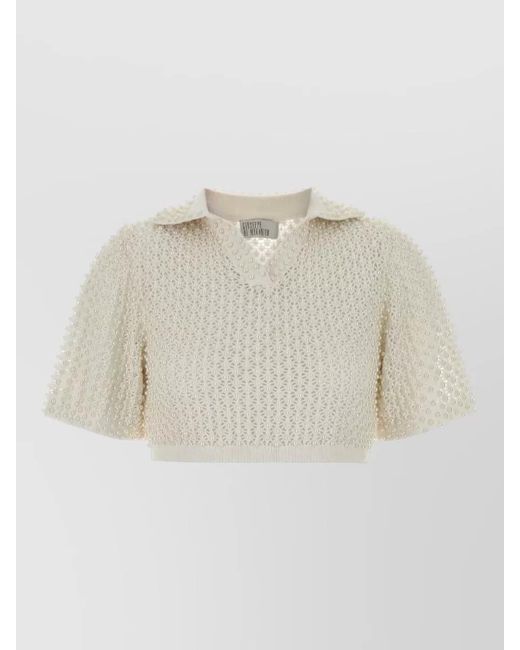 GIUSEPPE DI MORABITO Natural Cropped Top Textured Fabric Short Sleeves Collar