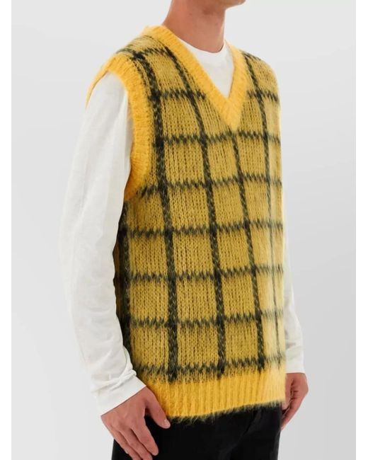Marni Yellow Ribbed V-Neck Embroidered Check Vest for men