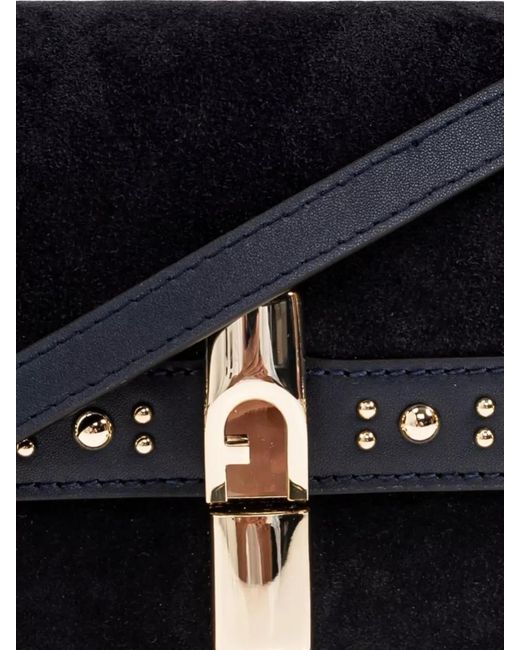 Furla Black Iride S Clutch Bag Suede Strap Studs