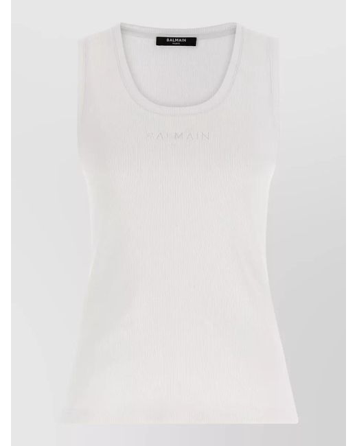 Balmain White Logo Embroidery Ribbed Scoop Neck Tank