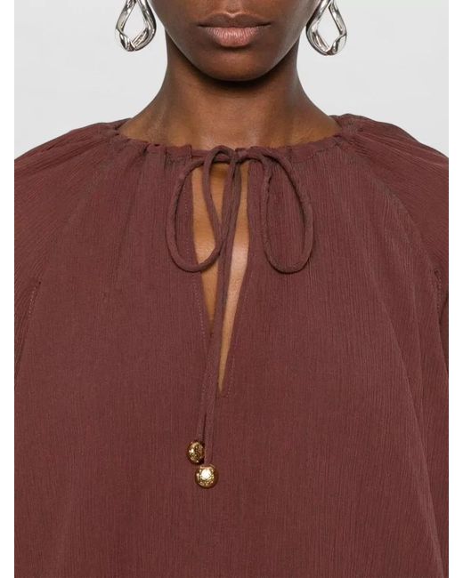 Loewe Red Silk Cotton Blend Blouse Drawstring Neckline