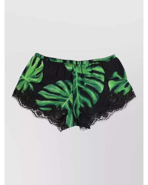 Dolce & Gabbana Green Silk Tropical Print Lace Mini Shorts
