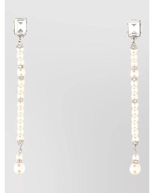 Alessandra Rich White Metal Drop Earrings Pearl Crystal Detailing
