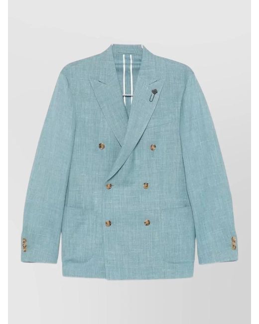 Lardini Blue Wool Silk Linen Double-Breasted Blazer for men