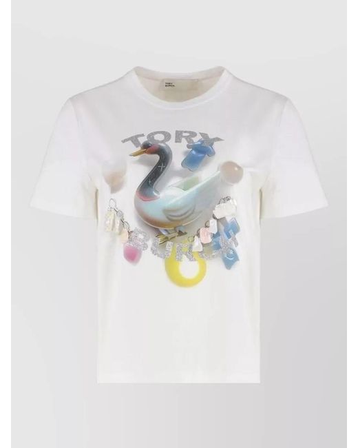 Tory Burch White Graphic Crew Neck Short Sleeve Top