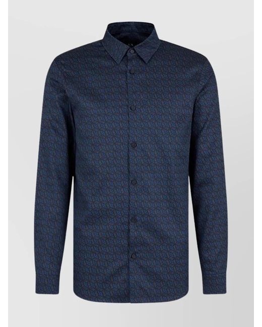 ARMANI EXCHANGE Blue Geometric Pattern Long Cuffed Shirt for men