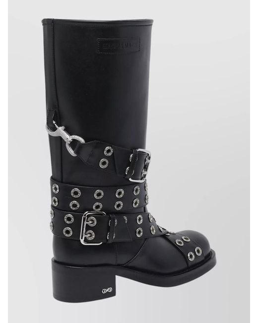 Mach & Mach Black Vintage Leather Combat Ankle Boots With Buckles