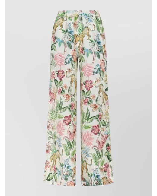 120% Lino White Linen Pants Floral Print Wide Leg