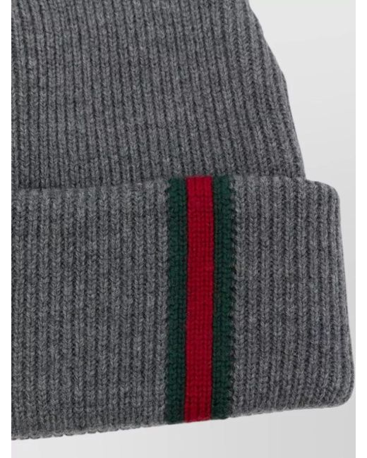 Gucci Gray Hat Ribbed Texture Folded Cuff Stripe for men