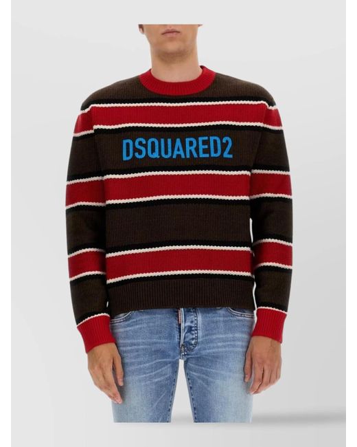 DSquared² Red Logo Crew Neck Sweater With Striped Pattern for men