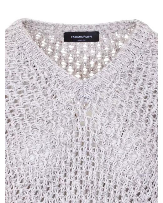 Fabiana Filippi White Knitwear V Neck Open Knit Ribbed Hem