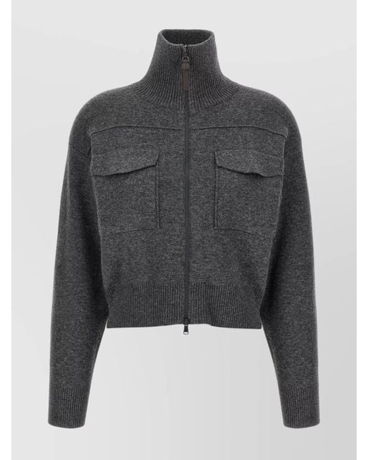 Brunello Cucinelli Gray 'Shiny Zipper Pull' Wool Cardigan
