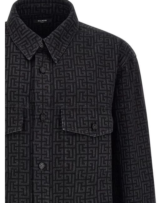 Balmain Blue Monogram Overshirt Straight Cut Chest Pockets for men
