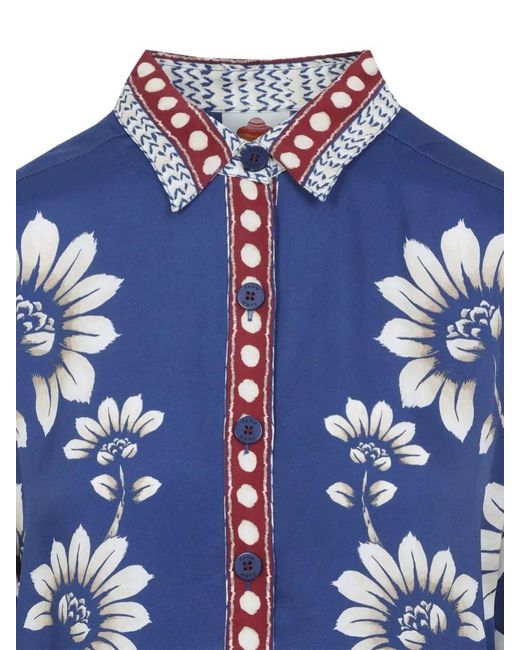Farm Rio Blue Long Sleeve Pajama Shirt Contrast Trim Floral