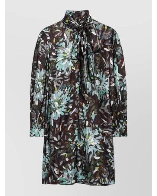 Gucci Gray Dress High Neck Long Sleeves Bow Floral