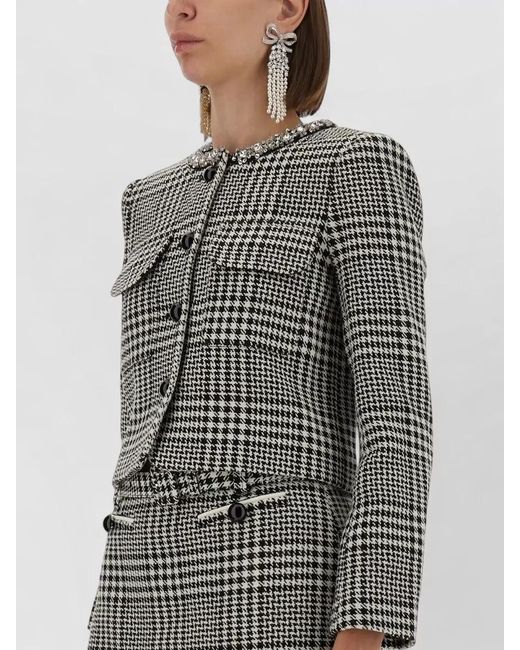 Self-Portrait Gray Crystal-Embellished Houndstooth Blazer