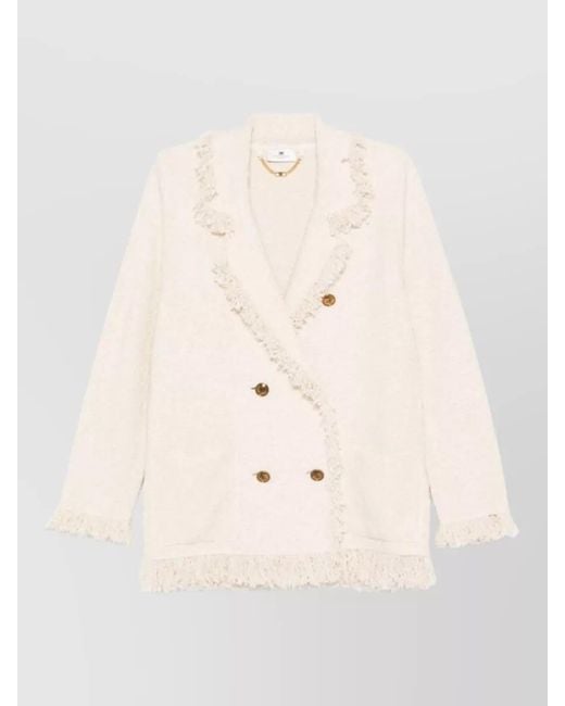 Elisabetta Franchi Natural Double Breasted Fringe Blazer Tone Buttons
