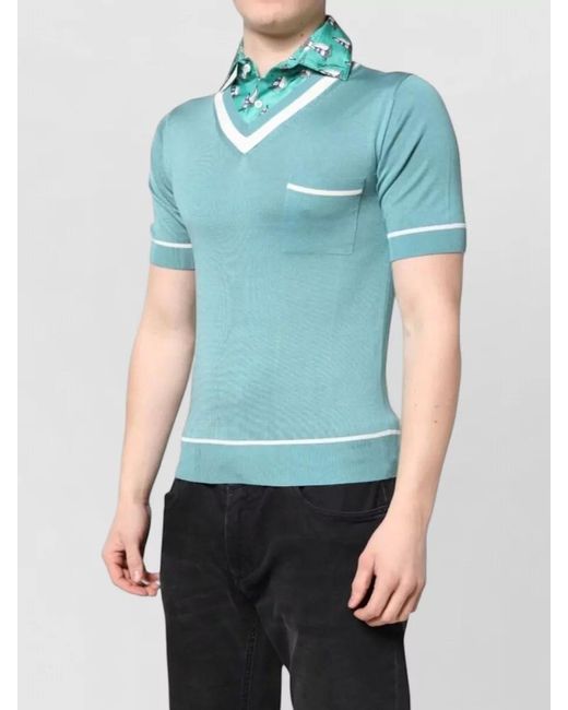 Dolce & Gabbana Green Knit Collared Short Sleeve V Neck Top for men