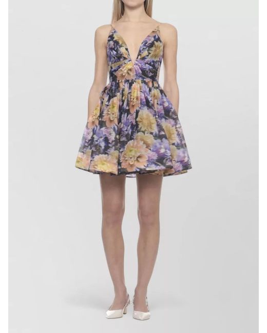 Zimmermann Multicolor Floral V Neck Pleated Cotton Linen Dress