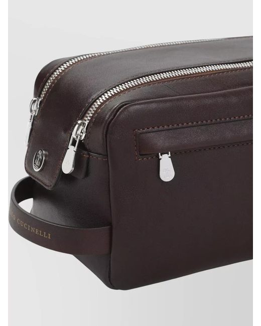 Brunello Cucinelli Gray Leather Clutch Bag Front Pocket Logo Strap for men