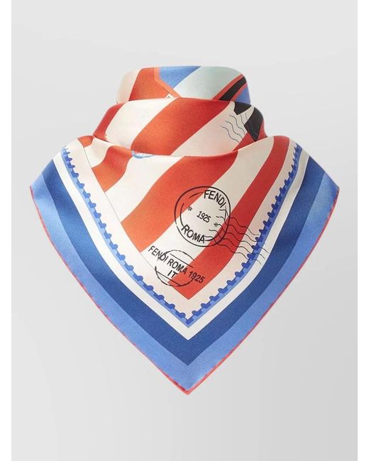 Fendi Red Pequin Postcard Silk Square Foulard