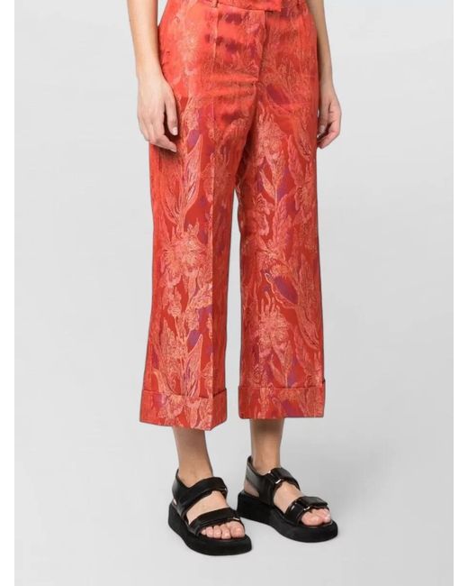 Alberto Biani Red Cropped Jacquard Trousers Belt Loops Pockets