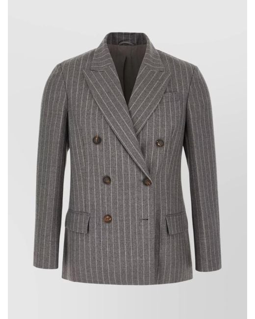 Brunello Cucinelli Gray Embroidered Virgin Wool Double-Breasted Blazer