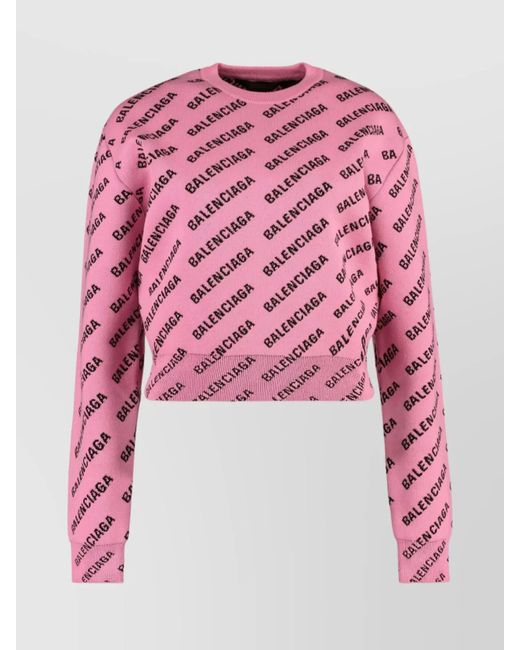 Balenciaga Pink Jacquard Logo Crew Neck Sweater